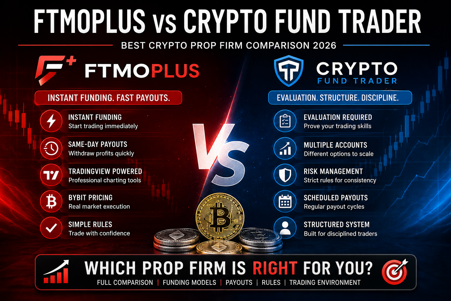 FTMOPlus vs Crypto Fund Trader crypto prop firm comparison 2026 instant funding vs evaluation